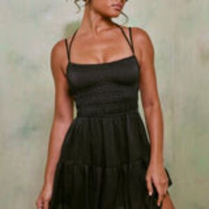 Oh Polly Shirred Bodice A-Line Mini Dress in Black EUC